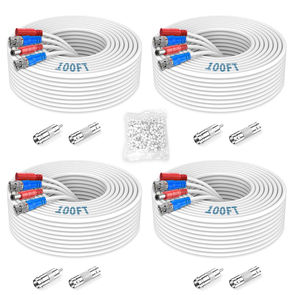 《2-in-1 Video Power Cable》 4-Pack 100FT White Extension Wire with BNC Connectors and RCA Adapter for Outdoor Security Camera DVR System