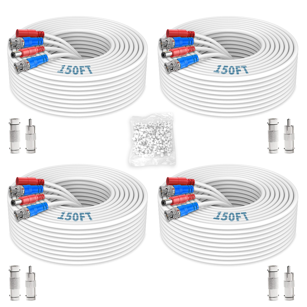 《2-in-1 Video Power Cable》 4-Pack 150FT White Extension Wire with BNC Connectors and RCA Adapter for Outdoor Security Camera DVR System