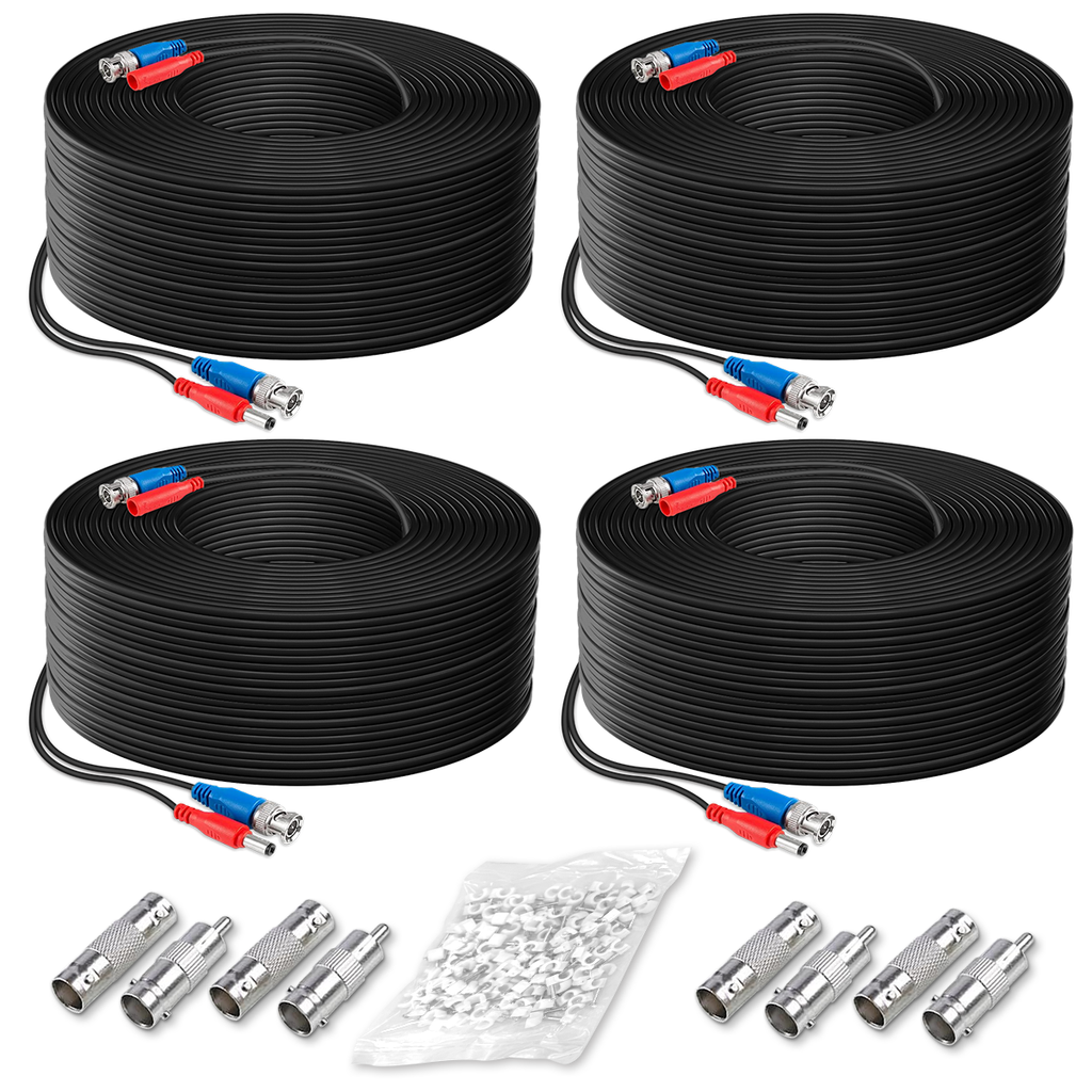 (4×100 Feet) Video Power Cable BNC Extension Outdoor Wired Surveillance Camera All-in-One Cables for CCTV Security Cameras DVR System with 4xBNC Connectors and 4xRCA Adapters Black,4pcs
