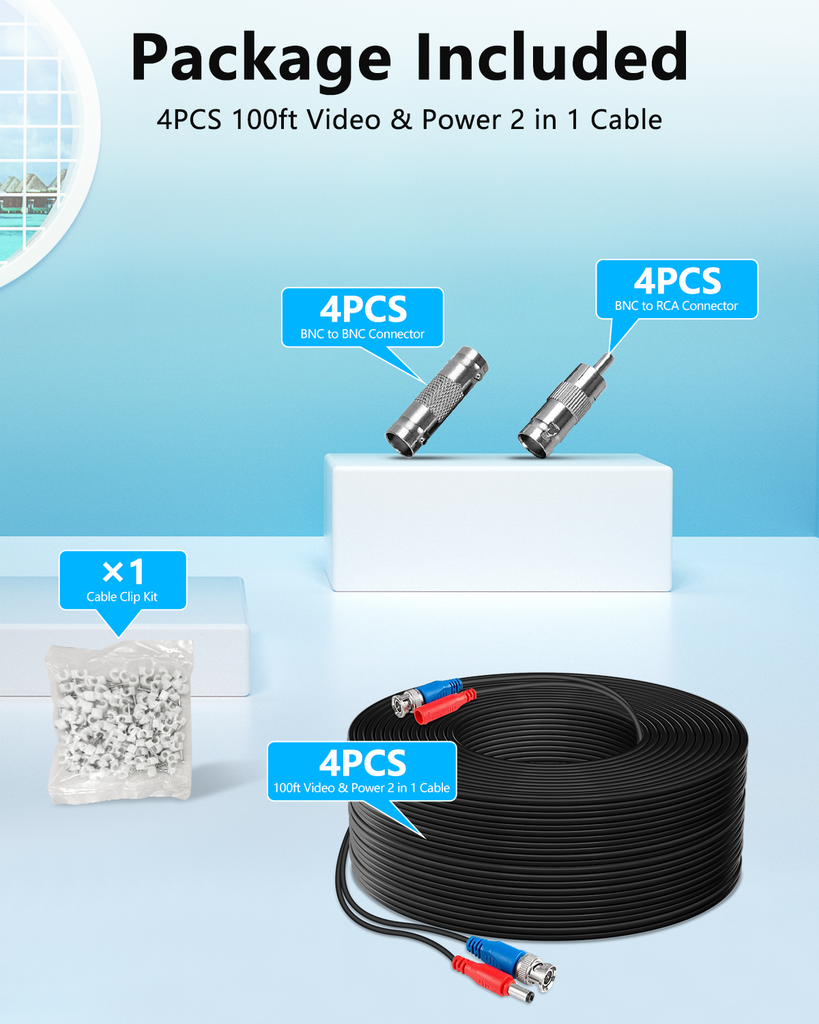 (4×100 Feet) Video Power Cable BNC Extension Outdoor Wired Surveillance Camera All-in-One Cables for CCTV Security Cameras DVR System with 4xBNC Connectors and 4xRCA Adapters Black,4pcs