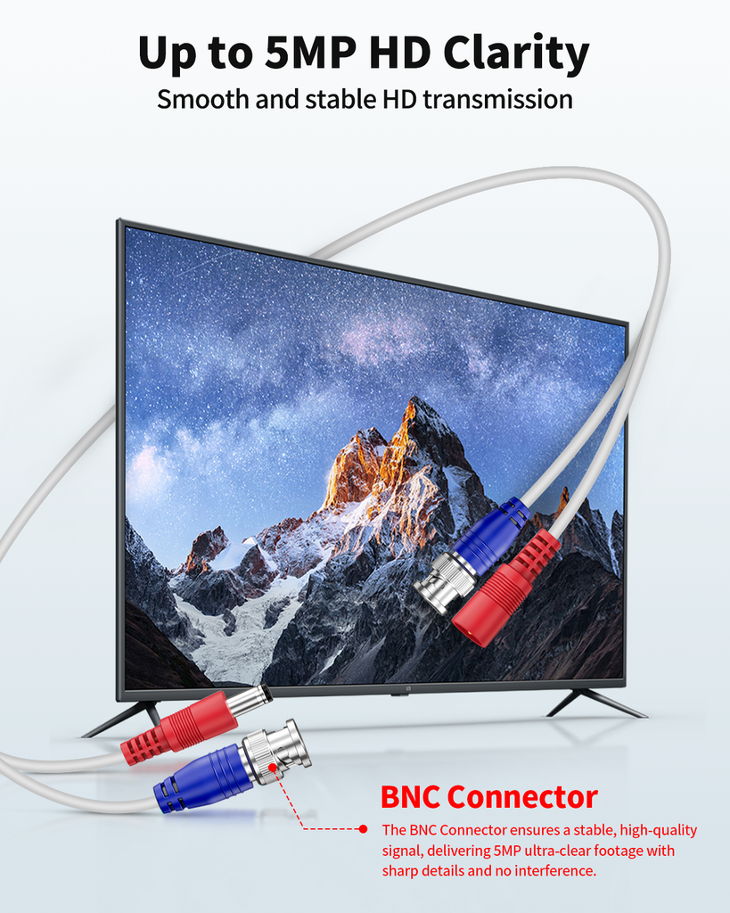 《2-in-1 Video Power Cable》 4-Pack 100FT White Extension Wire with BNC Connectors and RCA Adapter for Outdoor Security Camera DVR System