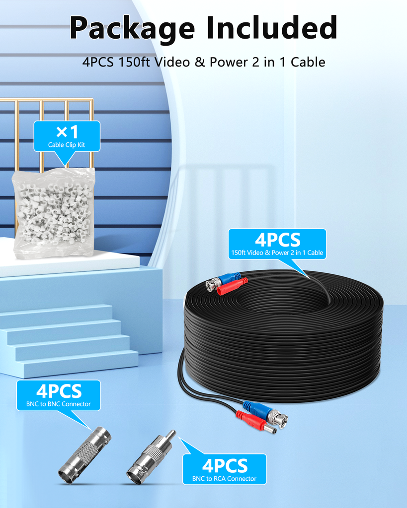 (4×150 Feet) Video Power Cable BNC Extension Outdoor Wired Surveillance Camera All-in-One Cables for CCTV Security Cameras DVR System with 4xBNC Connectors and 4xRCA Adapters,Black