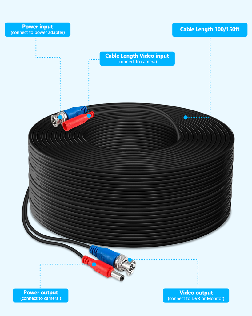 (4×150 Feet) Video Power Cable BNC Extension Outdoor Wired Surveillance Camera All-in-One Cables for CCTV Security Cameras DVR System with 4xBNC Connectors and 4xRCA Adapters,Black