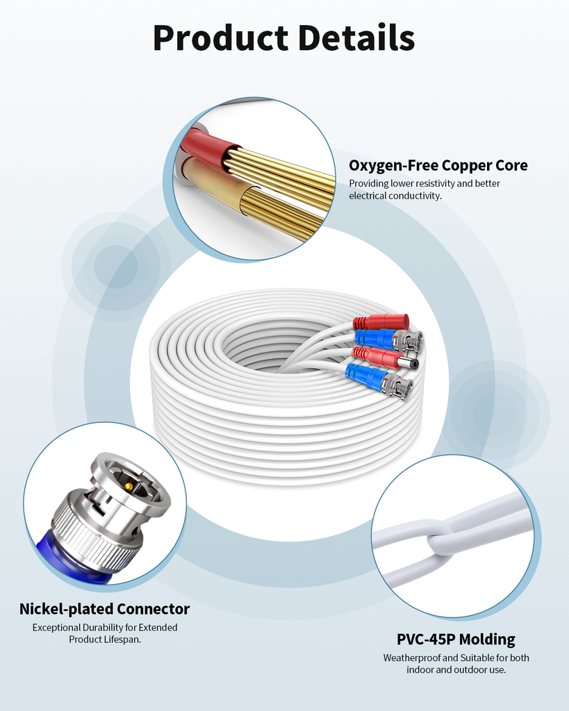 《2-in-1 Video Power Cable》 4-Pack 100FT White Extension Wire with BNC Connectors and RCA Adapter for Outdoor Security Camera DVR System