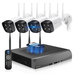 Sistema de cámaras de seguridad inalámbricas con 4 cámaras de vigilancia Wi-Fi para el hogar, resolución de 5.0MP, NVR de 10 canales, sistema de video vigilancia HD de OHWOAI con antenas duales, detección de IA, audio bidireccional