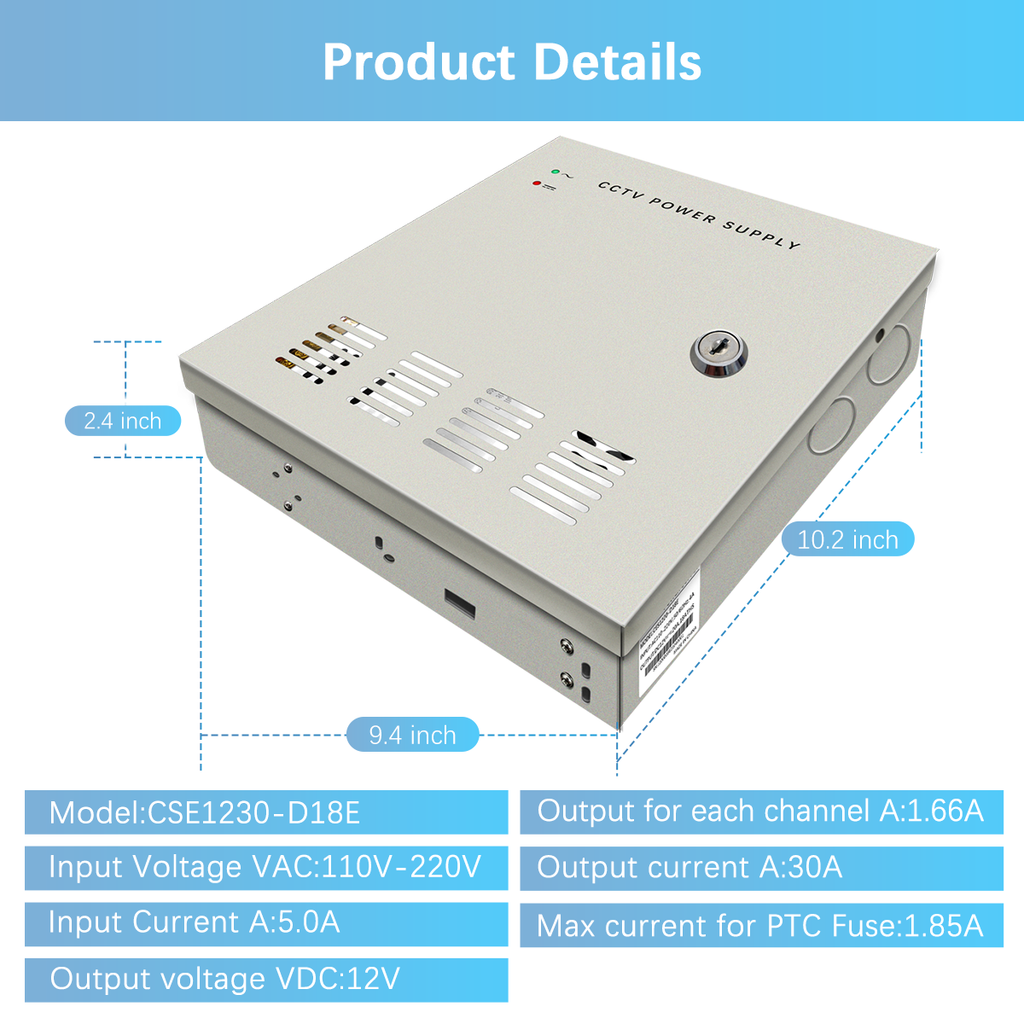 18-Channel DC 12-Volt 10-Amp Output CCTV Distributed Power Supply Box/Converter with AC Plug and Lock(10A 18-Channel)