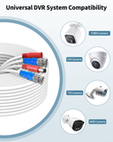 《2-in-1 Video Power Cable》 4-Pack 100FT White Extension Wire with BNC Connectors and RCA Adapter for Outdoor Security Camera DVR System