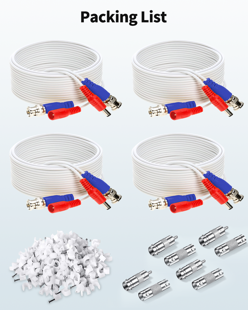 《2-in-1 Video Power Cable》 4-Pack 100FT White Extension Wire with BNC Connectors and RCA Adapter for Outdoor Security Camera DVR System