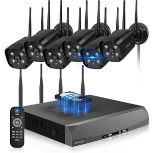 Sistema de cámaras de seguridad inalámbricas con 2 cámaras de vigilancia Wi-Fi para el hogar, resolución de 5.0MP, NVR de 10 canales, sistema de video vigilancia HD de OHWOAI con antenas duales, detección de IA, audio bidireccional