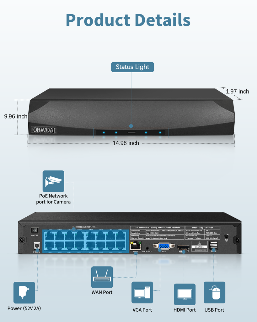 16-Channel POE NVR,4K / 8.0 Megapixel PoE Network Video Recorder for Security Camera System, Supports up to 16 x 8MP/4K IP Cameras PoE NVR