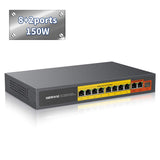 【Full Gigabit】8 Port Gigabit Poe Switch +2 Ethernet Uplink Port+1 SFP Port,150W Unmanaged Outdoor Computer Network Passthrough Powered Gig Router