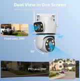 OHWOAI Dual Lens Solar Wireless PTZ Security Camera, Dual Band WiFi Security Cameras with Color Night Vision, PIR Motion Detection & Two-Way Audio