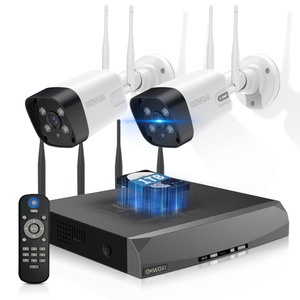 Sistema de cámaras de seguridad inalámbricas con 2 cámaras de vigilancia Wi-Fi para el hogar, resolución de 5.0MP, NVR de 10 canales, sistema de video vigilancia HD de OHWOAI con antenas duales, detección de IA, audio bidireccional