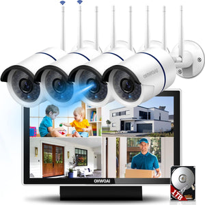 《Dual Antenna Enhanced & 100FT Night Vision》Outdoor Wireless Security Camera System, WiFi Cameras, Home Video Surveillance Systems (4 Cams+10inch All-in-One Monitor+1TB)