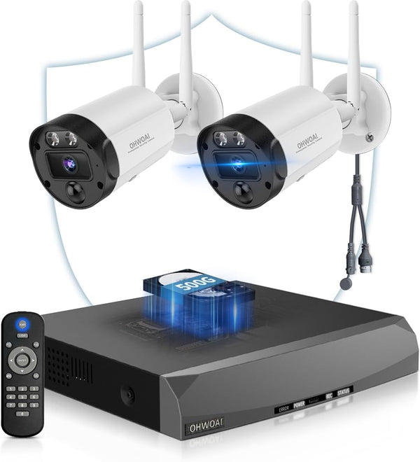 OHWOAI 4K Wireless Outdoor Security Camera System, 2 Cameras & 16CH 4K NVR 500GB, 130° Wide Angle 8MP, Color Night Vision & 2-Way Audio