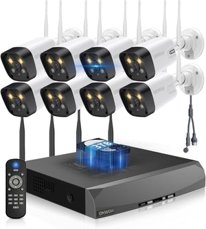 Sistema de Cámaras de Seguridad Inalámbricas, 8 Cámaras IP Wi-Fi CCTV para el Hogar de 5.0MP, NVR de 10 Canales, Sistema de Video Vigilancia HD de OHWOAI con Antenas Duales, Detección de IA, Audio Bidireccional