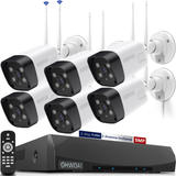 Sistema de cámaras de seguridad inalámbricas con 6 cámaras de vigilancia Wi-Fi para el hogar, resolución de 5.0MP, NVR de 10 canales, sistema de video vigilancia HD de OHWOAI con antenas duales, detección de IA, audio bidireccional