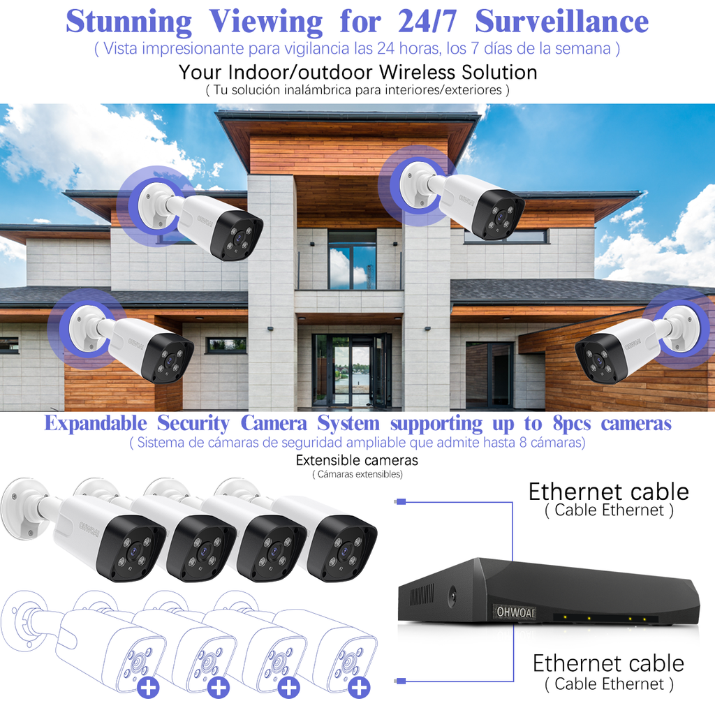 Sistema de Cámaras POE 4K, 6 cámaras de seguridad con cable H.265+ de 8.0MP 4K POE, Sistema de Vigilancia de Video para el Hogar, NVR de 8MP/4K de 8 Canales, Detección de Humanos con IA, Almacenamiento de Grabación HDD, Resistente al Agua IP66, Audio