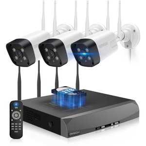 Sistema de cámaras de seguridad inalámbricas con 3 cámaras de vigilancia Wi-Fi para el hogar, resolución de 5.0MP, NVR de 10 canales, sistema de video vigilancia HD de OHWOAI con antenas duales, detección de IA, audio bidireccional