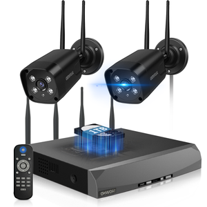 Sistema de cámaras de seguridad inalámbricas con 2 cámaras de vigilancia Wi-Fi para el hogar, resolución de 5.0MP, NVR de 10 canales, sistema de video vigilancia HD de OHWOAI con antenas duales, detección de IA, audio bidireccional