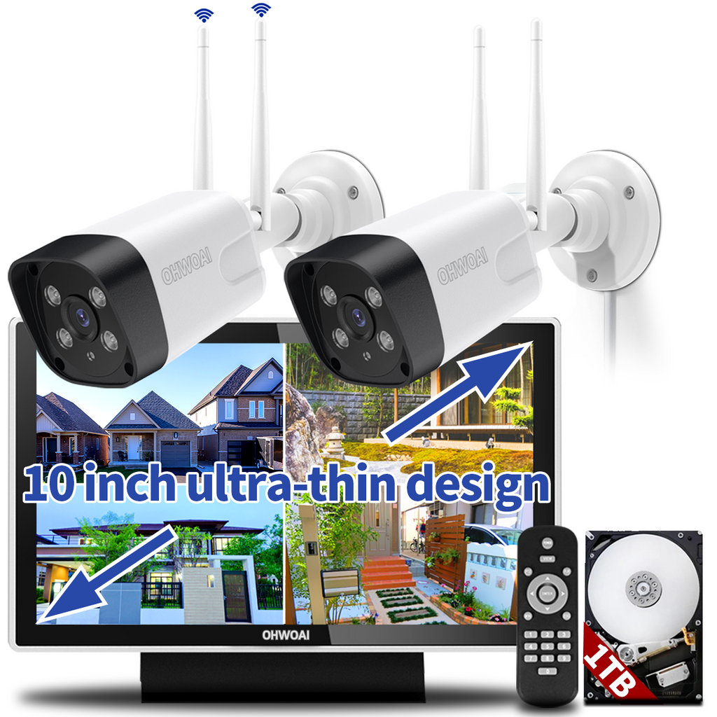 Sistema de cámaras de seguridad inalámbricas, 2 cámaras IP Wi-Fi para el hogar de 5.0MP, NVR de 10 canales, sistema de video vigilancia HD OHWOAI con antenas duales, detección de inteligencia artificial, audio bidireccional