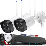 Sistema de cámaras de seguridad inalámbricas con 2 cámaras de vigilancia Wi-Fi para el hogar, resolución de 5.0MP, NVR de 10 canales, sistema de video vigilancia HD de OHWOAI con antenas duales, detección de IA, audio bidireccional