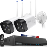 Sistema de cámaras de seguridad inalámbricas con 2 cámaras de vigilancia Wi-Fi para el hogar, resolución de 5.0MP, NVR de 10 canales, sistema de video vigilancia HD de OHWOAI con antenas duales, detección de IA, audio bidireccional