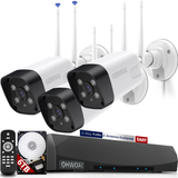 Sistema de cámaras de seguridad inalámbricas con 3 cámaras de vigilancia Wi-Fi para el hogar, resolución de 5.0MP, NVR de 10 canales, sistema de video vigilancia HD de OHWOAI con antenas duales, detección de IA, audio bidireccional