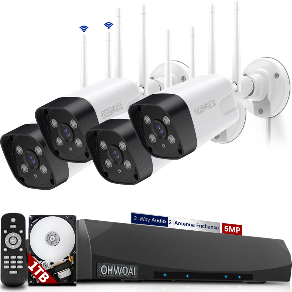 Wireless Security Camera System,4Pcs 5.0MP CCTV Home Wi-Fi IP Cameras,10 Channel NVR,OHWOAI HD Surveillance Video Dual Antennas System,AI Detection,Two-way Audio