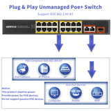 Conmutador de red PoE no gestionado de 18 puertos con 16 puertos PoE, 2 puertos Gigabit ascendentes y 1 puerto de fibra SFP. Potencia total de 300 W, montaje en rack de 19 pulgadas, sin ventilador y fácil de usar