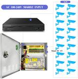 Fuente de Alimentación para CCTV, Caja de 18 Puertos, Suministro de Energía Distribuido de CC a CA 12V 20A, Enchufe de CA y Cierre para Cámaras de Seguridad, DVR, Cámaras IP, Cámaras CCTV