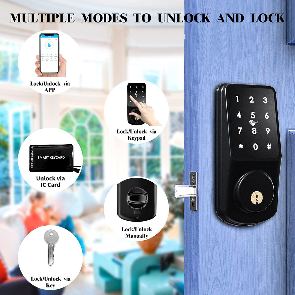 Cerradura biométrica inteligente con Bluetooth, sin llave, con teclado, desbloqueo mediante aplicación, códigos de contraseña, tarjeta IC y llave mecánica. Ideal para oficinas, hogares, apartamentos y hoteles